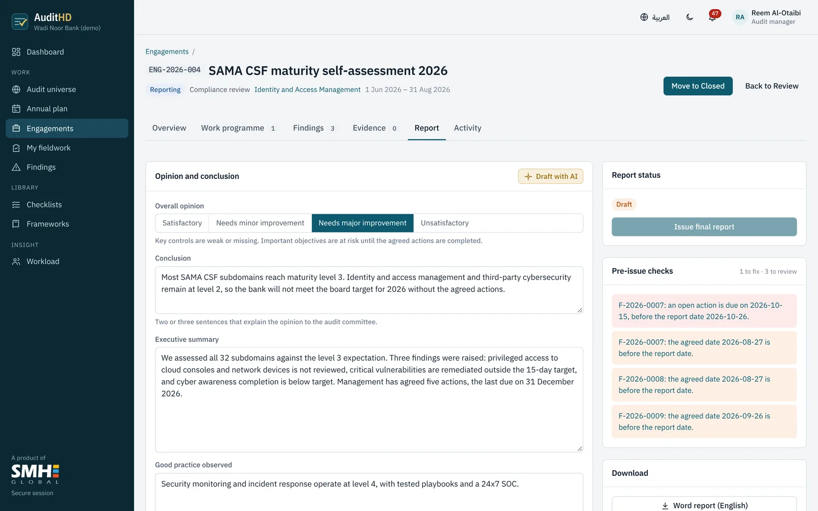 The engagement report screen, with an AI-drafted summary for the audit committee.